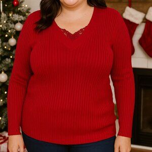 Dressbarn Ribbed Sweater Womens XL NWT Red Lace V-Neck Stretch Y2K Holiday Gift